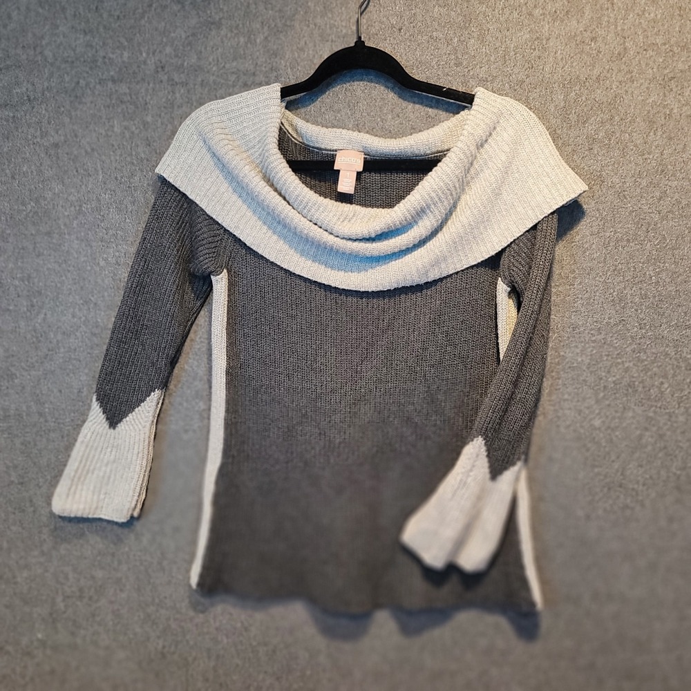 Chicos Sweater Size 1‎ Cowl Neck Colorblock Knit Long Sleeve Gray